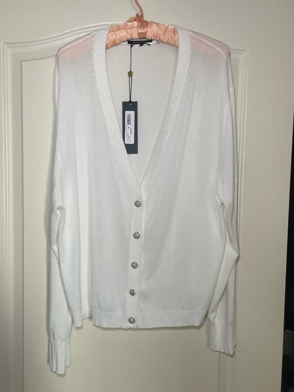 Kobi Halperin White V-Neck Glinda Cardigan with Crystal Buttons sz XXL